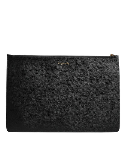 Dolce & Gabbana Black Leather #DGFAMILY Embellished Men's Zip Pouch Bag
