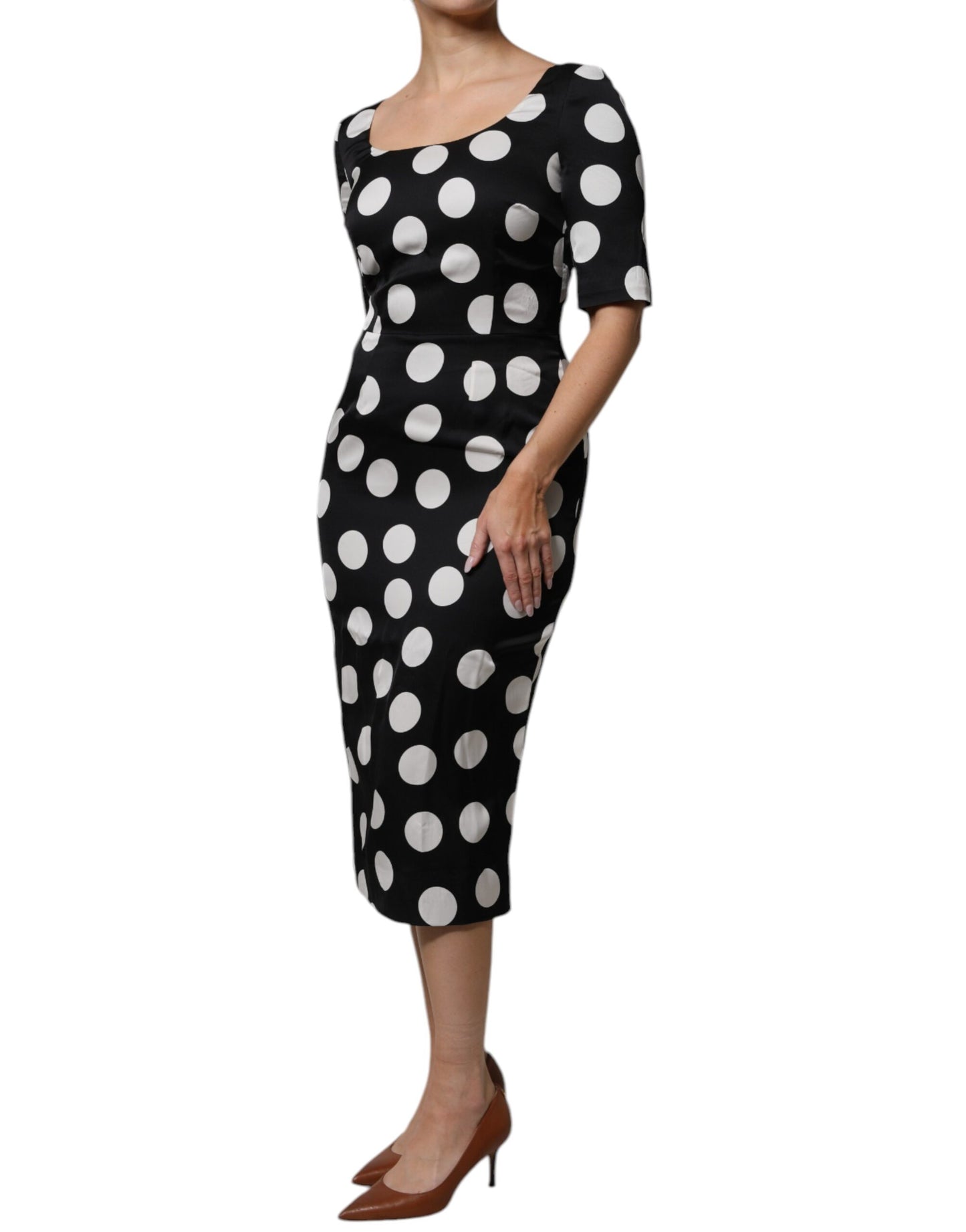 Dolce & Gabbana Black White Silk Polka Dots Sheath Midi Dress