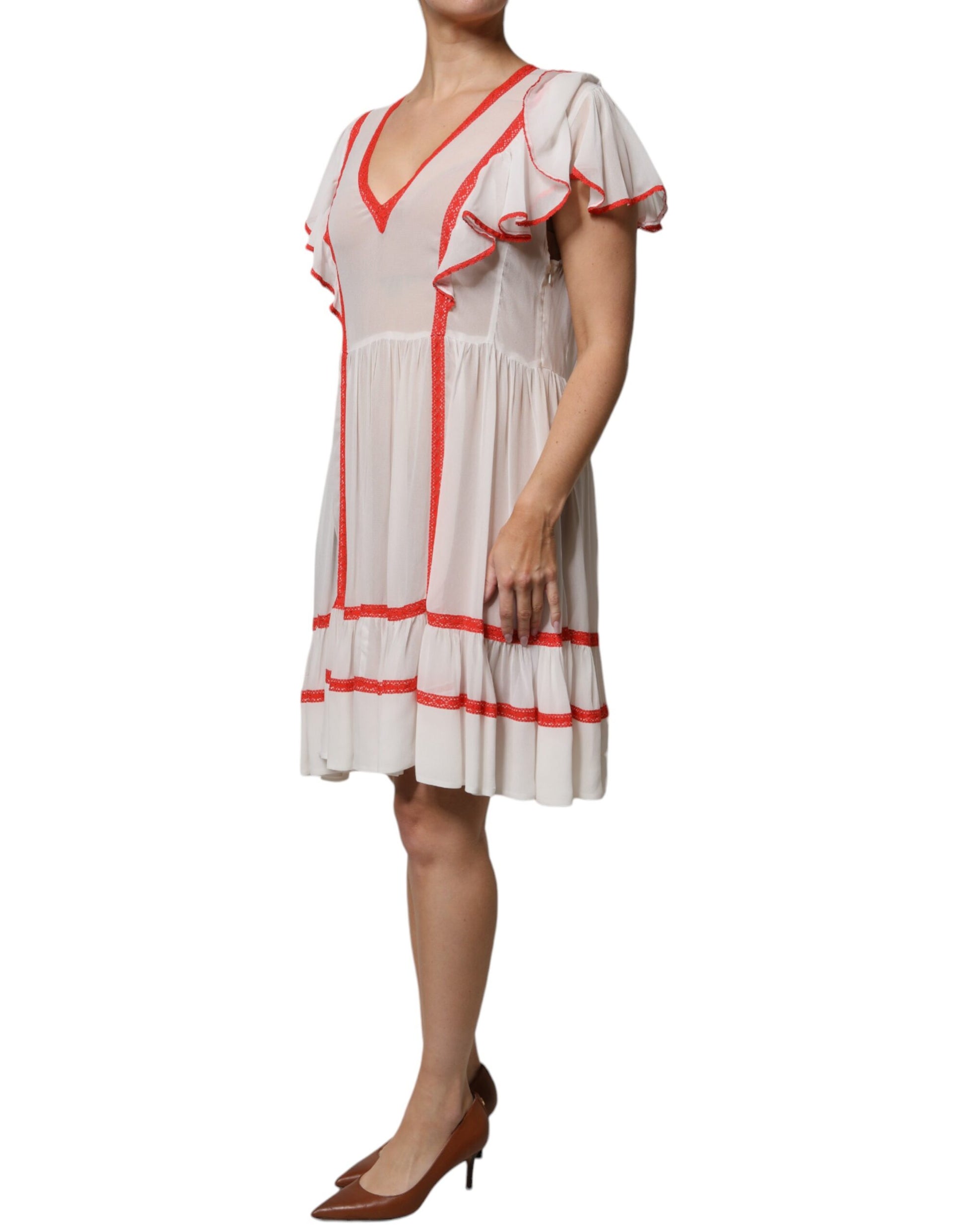Twinset White Viscose Ruffle Sleeves A-line Pleated Mini Dress