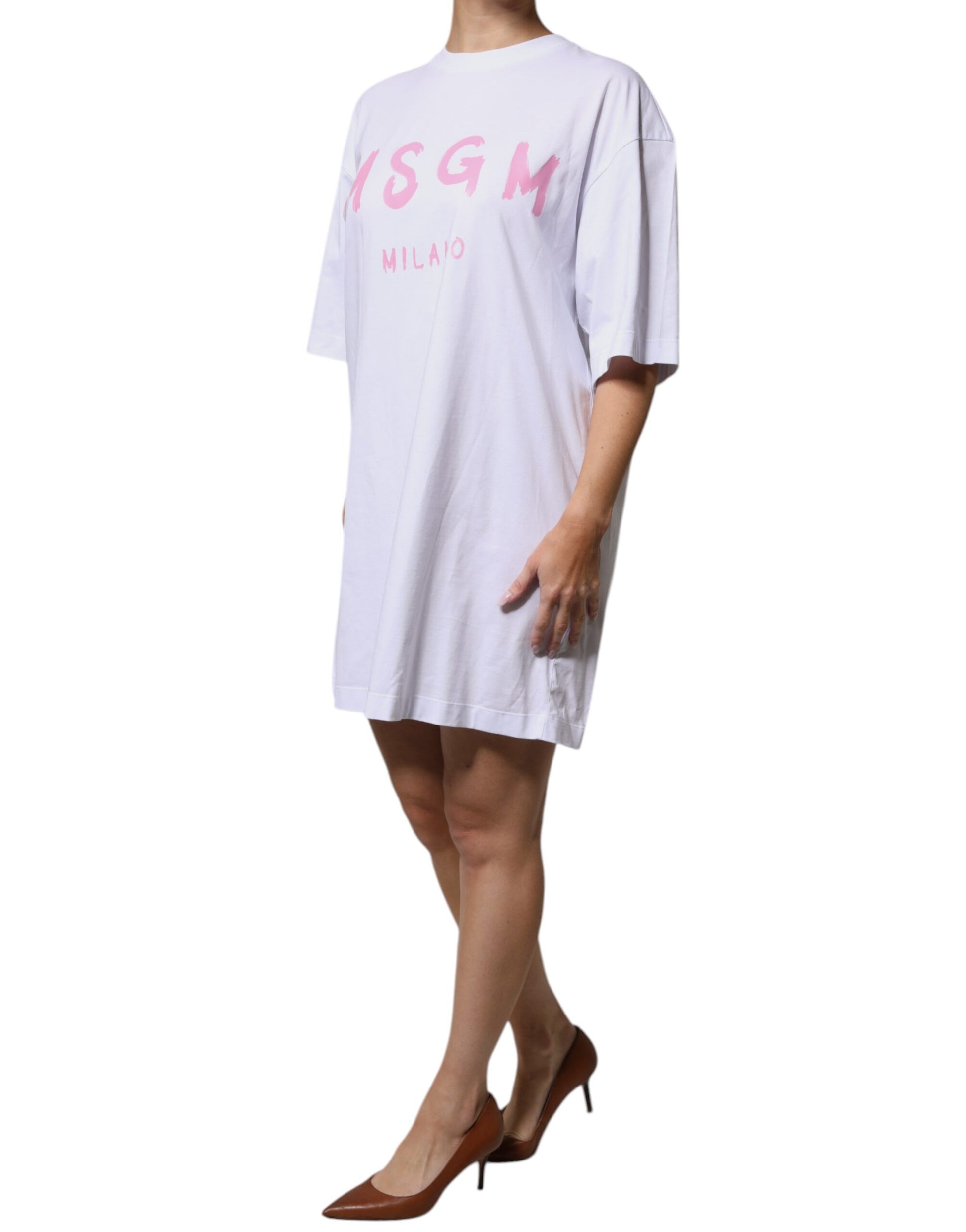 MSGM White Logo Print Cotton T-Shirt Mini Dress