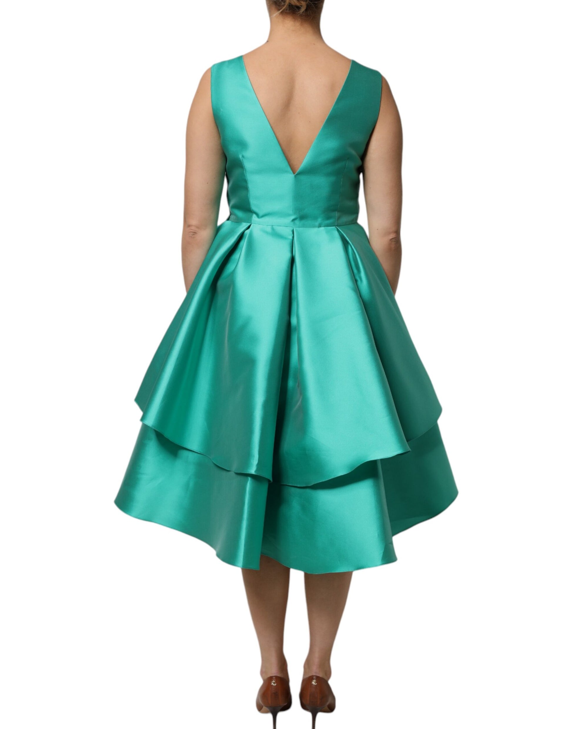 Alberta Ferretti Green Satin Sleeveless V-Neck Layered Dress