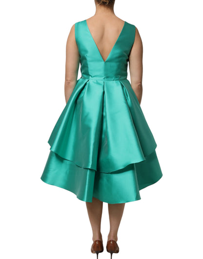 Alberta Ferretti Green Satin Sleeveless V-Neck Layered Dress