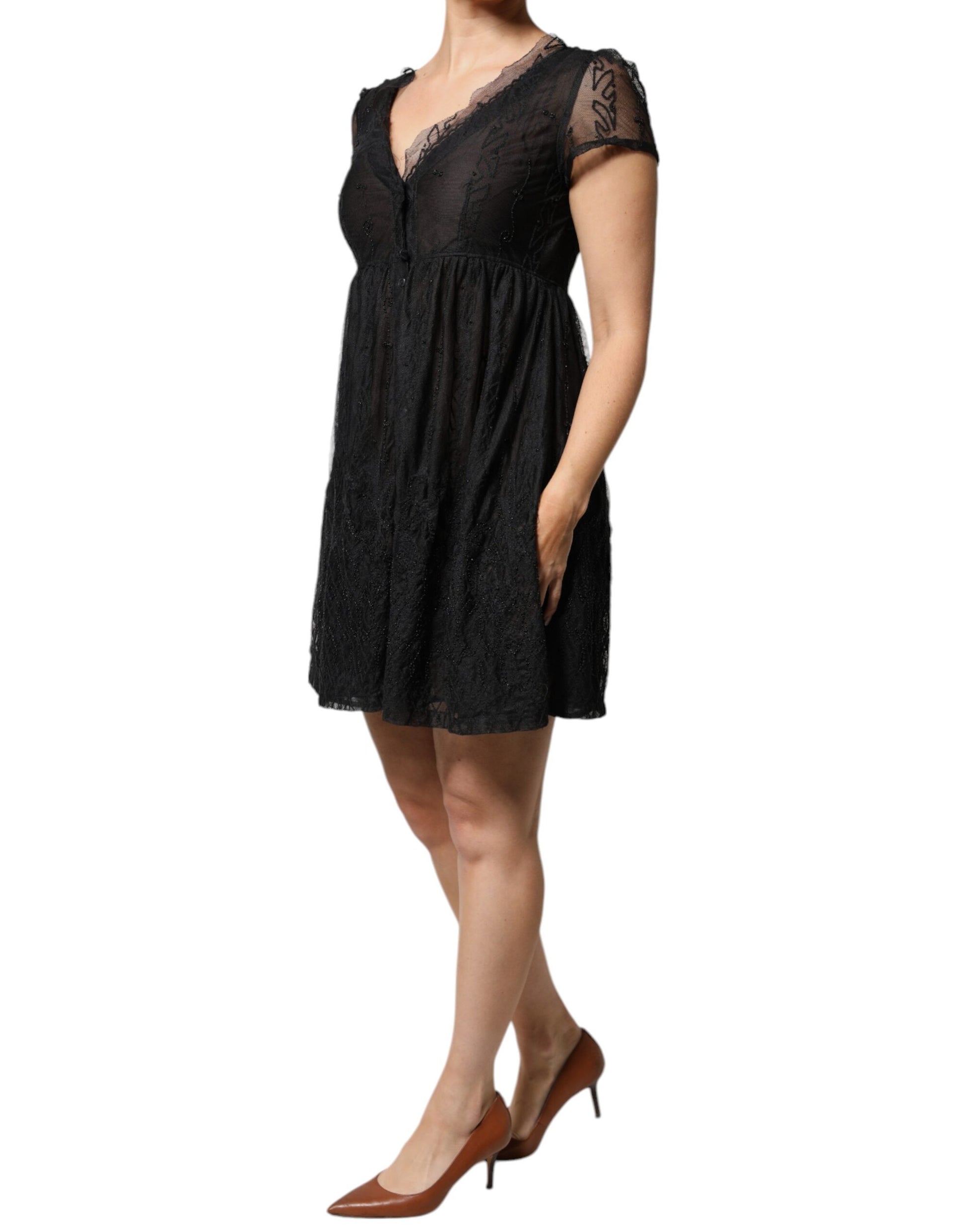 Blugirl Black Short Sleeve Floral Lace Trim A-line Mini Dress