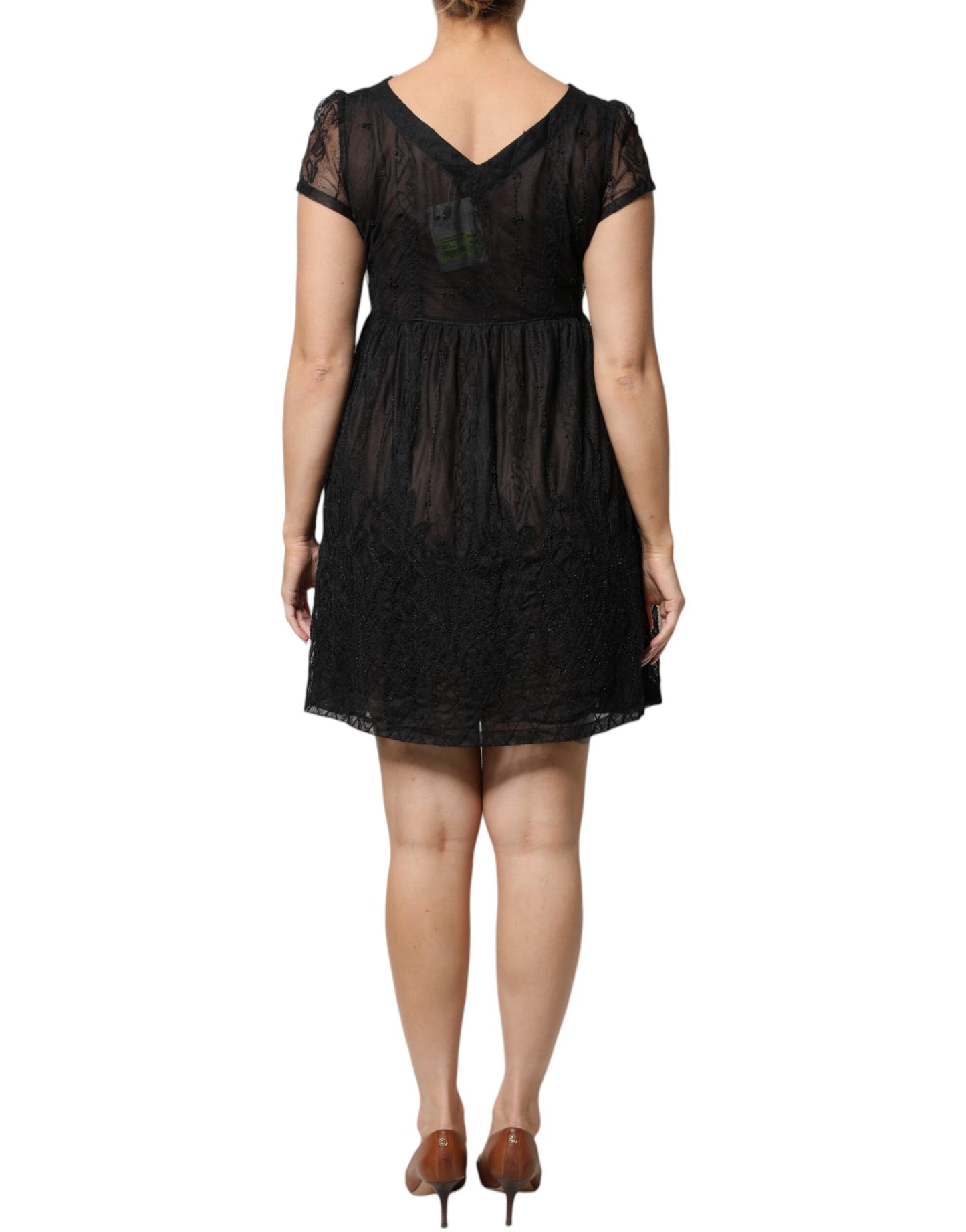 Blugirl Black Short Sleeve Floral Lace Trim A-line Mini Dress