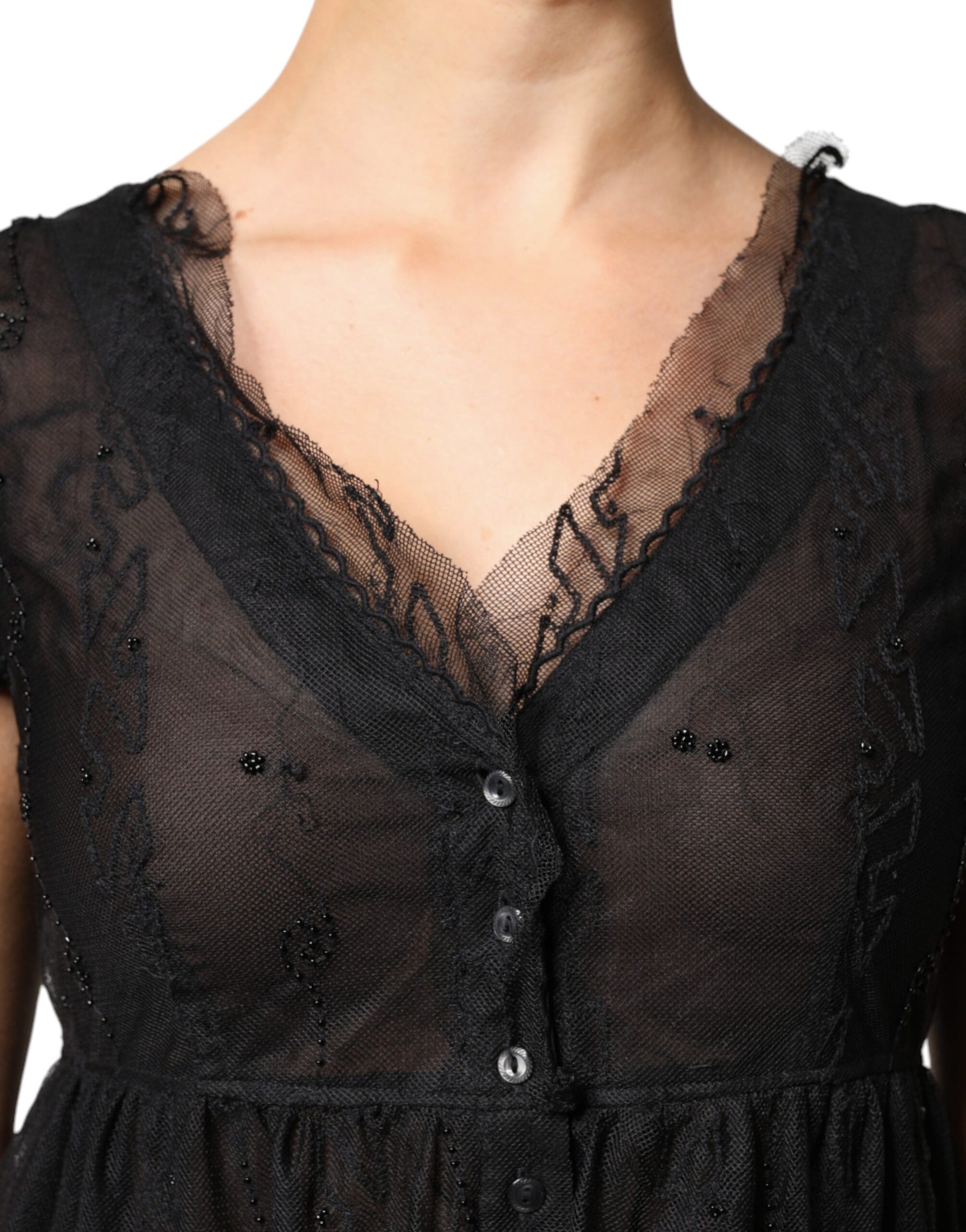 Blugirl Black Short Sleeve Floral Lace Trim A-line Mini Dress