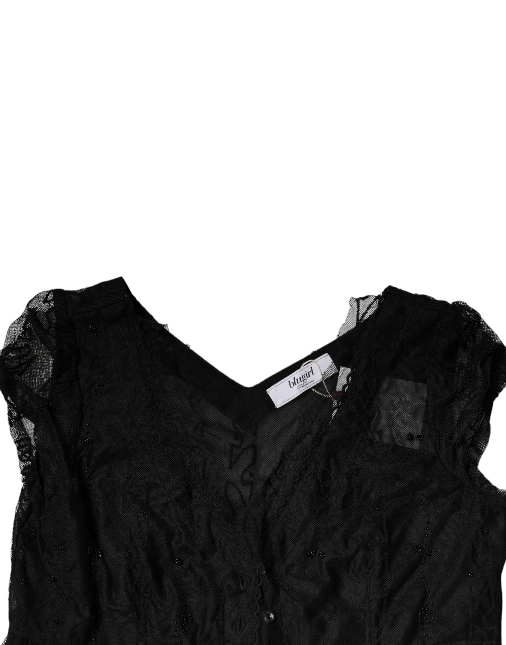 Blugirl Black Short Sleeve Floral Lace Trim A-line Mini Dress