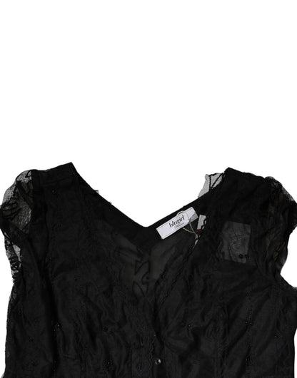 Blugirl Black Short Sleeve Floral Lace Trim A-line Mini Dress