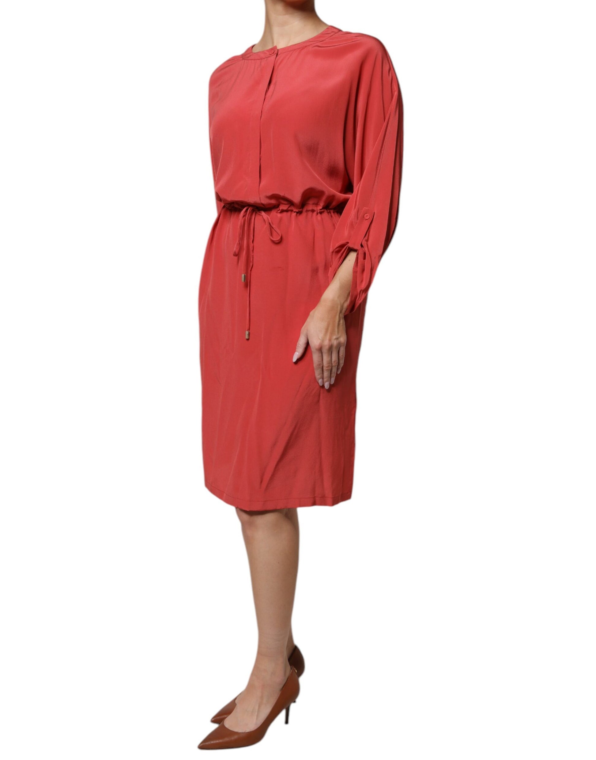 Peserico Red Long Sleeved Pencil Cut Drawstring Waist Dress