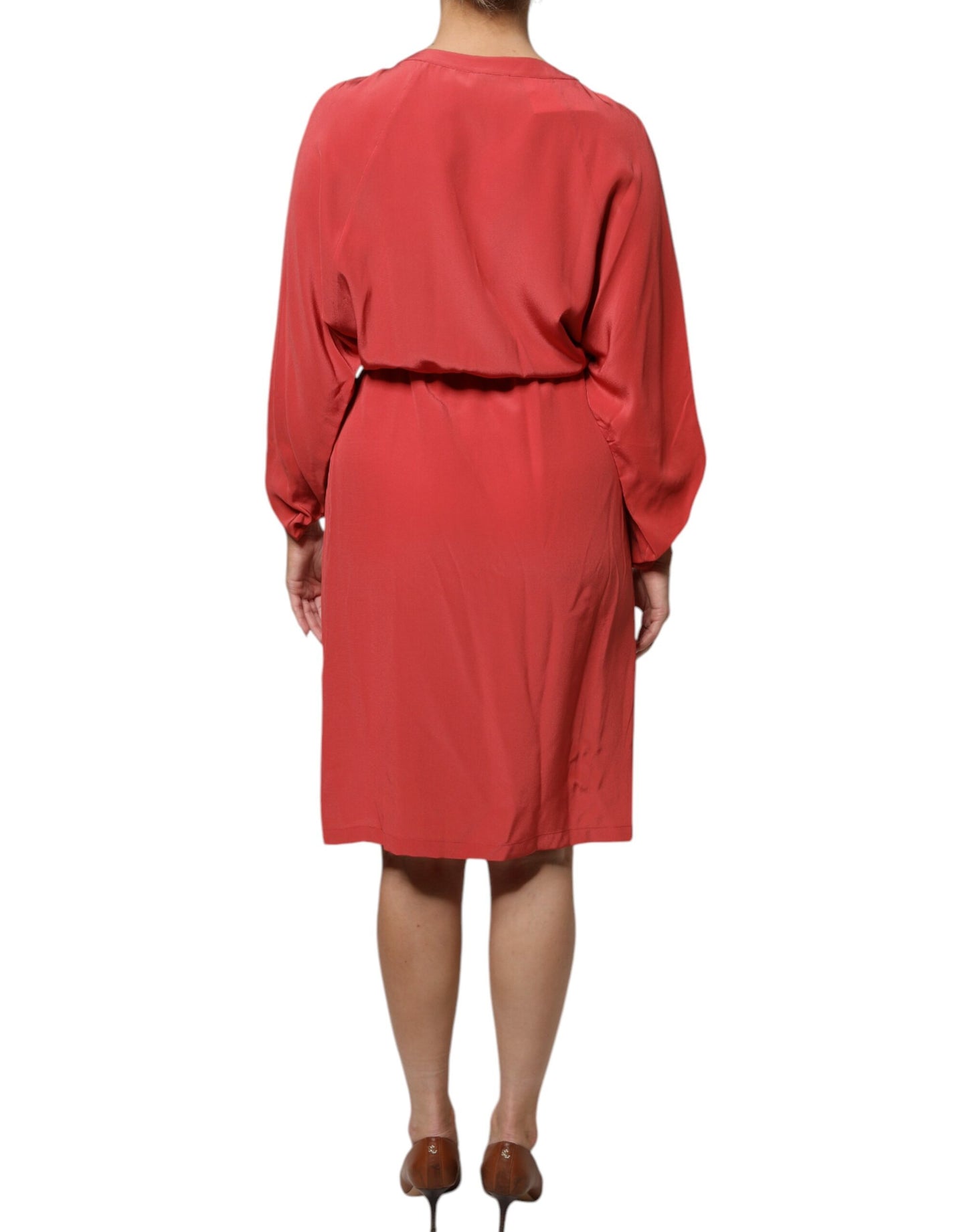 Peserico Red Long Sleeved Pencil Cut Drawstring Waist Dress