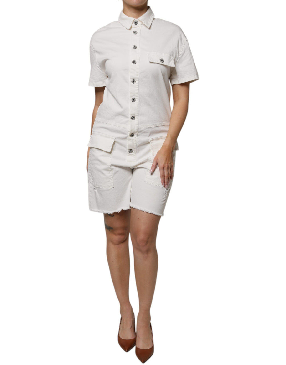 Please White Cotton Short Sleeves Shirt Style Knee Length Jumpsuit