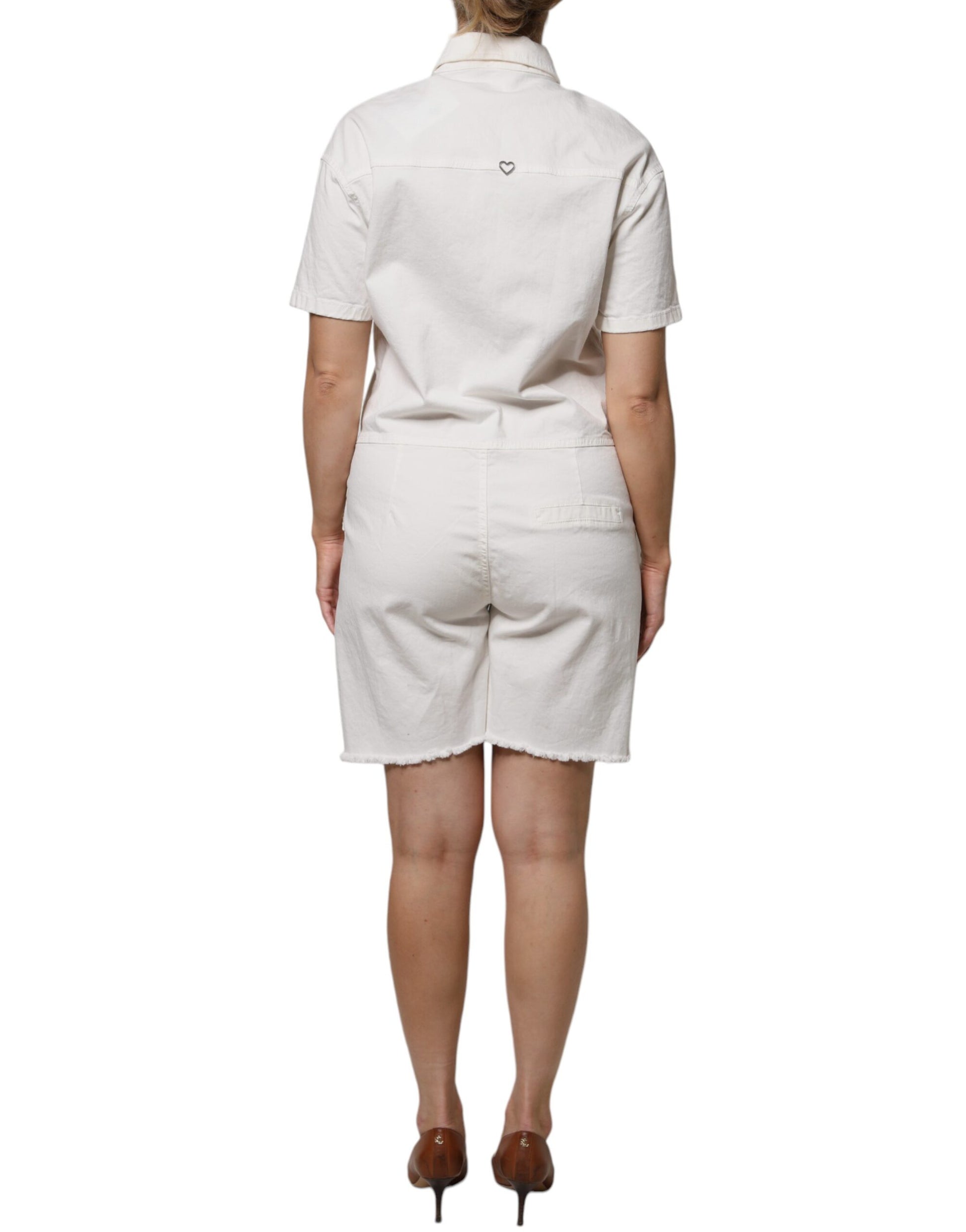Please White Cotton Short Sleeves Shirt Style Knee Length Jumpsuit