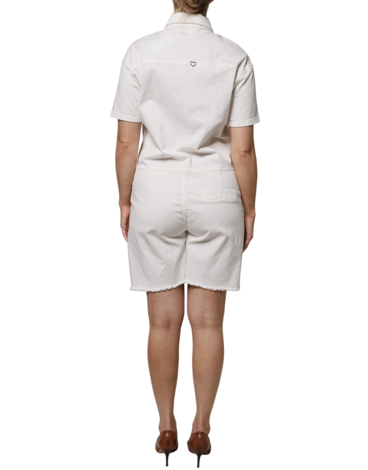Please White Cotton Short Sleeves Shirt Style Knee Length Jumpsuit