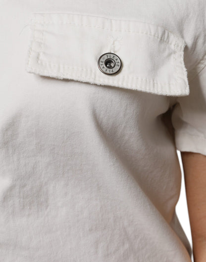 Please White Cotton Short Sleeves Shirt Style Knee Length Jumpsuit