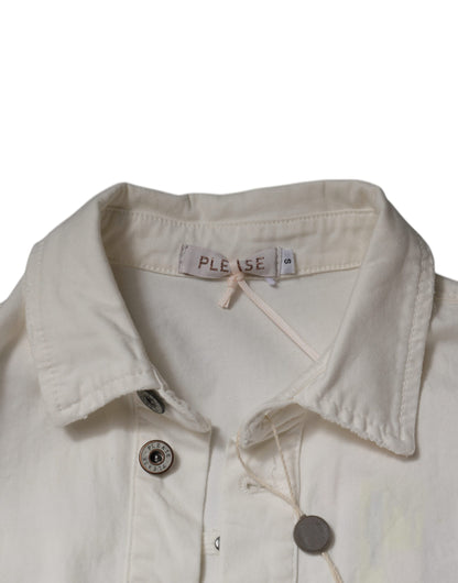 Please White Cotton Short Sleeves Shirt Style Knee Length Jumpsuit
