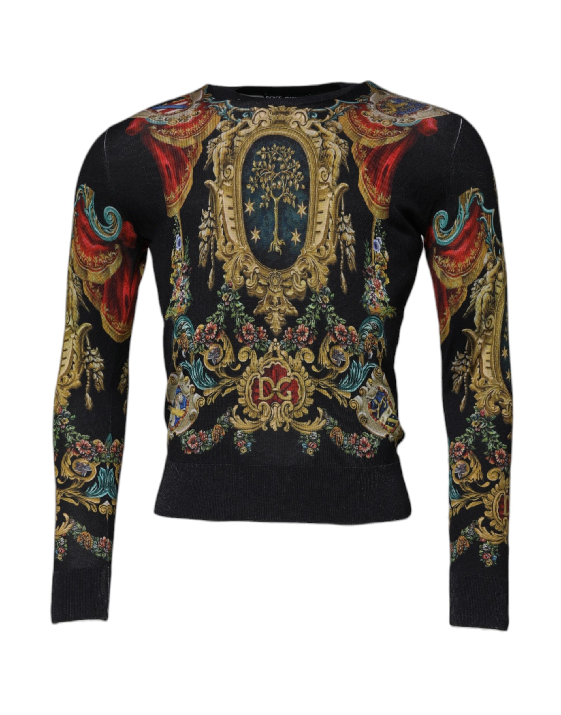 Dolce & Gabbana Black Heraldic DG Silk Round Neck Pullover Men's Sweater – 100% Authentic