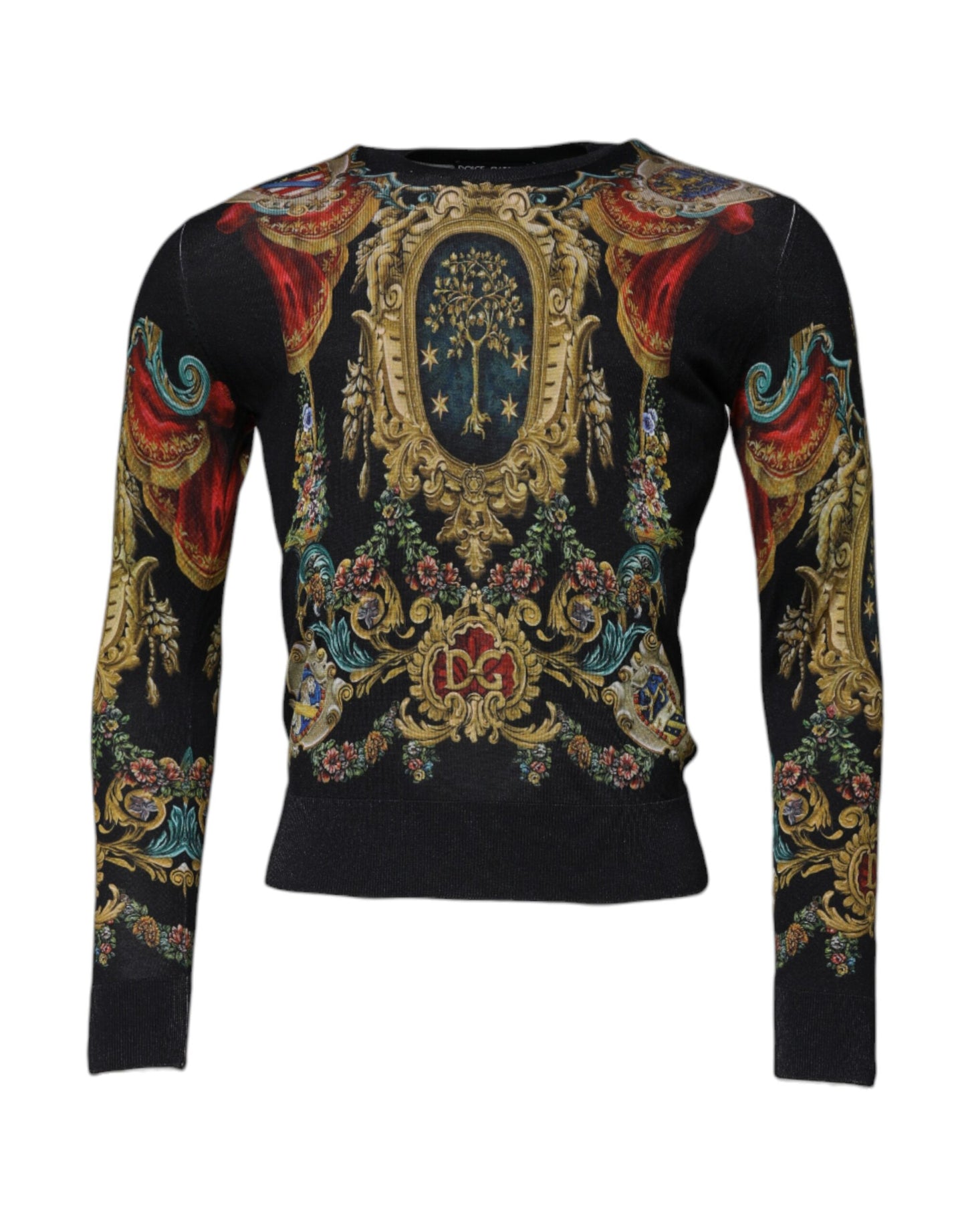 Dolce & Gabbana Black Heraldic DG Silk Round Neck Pullover Men's Sweater – 100% Authentic