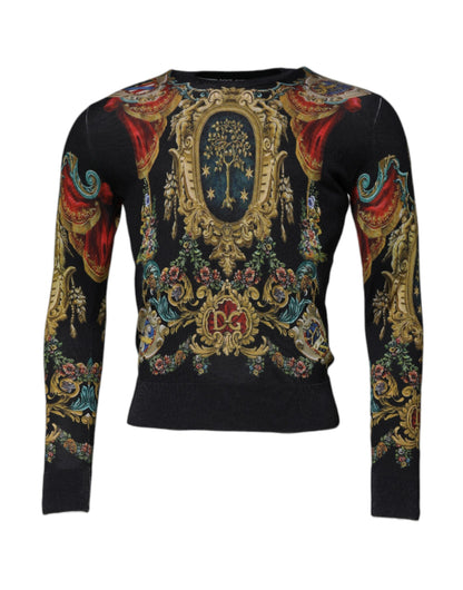Dolce & Gabbana Black Heraldic DG Silk Round Neck Pullover Men's Sweater – 100% Authentic
