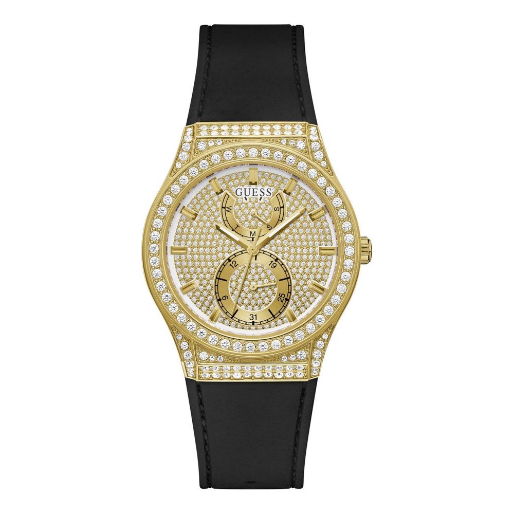 Guess Men’s Watch, Golden Dial, Black Silicone Strap