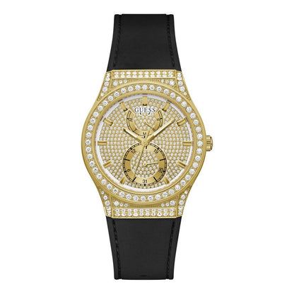 Guess Men’s Watch, Golden Dial, Black Silicone Strap