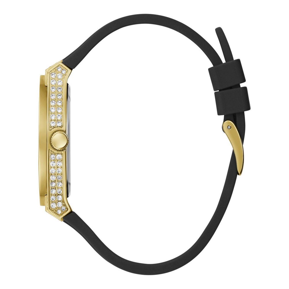 Guess Men’s Watch, Golden Dial, Black Silicone Strap