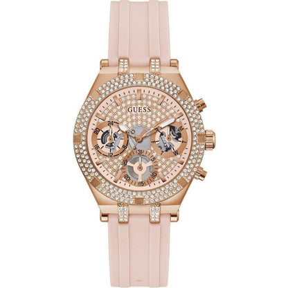 Guess Women’s Watch, Golden Dial, Pink Silicone Bracelet
