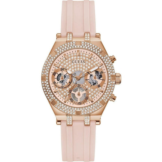 Guess Women’s Watch, Golden Dial, Pink Silicone Bracelet