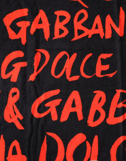 Dolce & Gabbana Black & Red Logo Print Cotton Beach Towel
