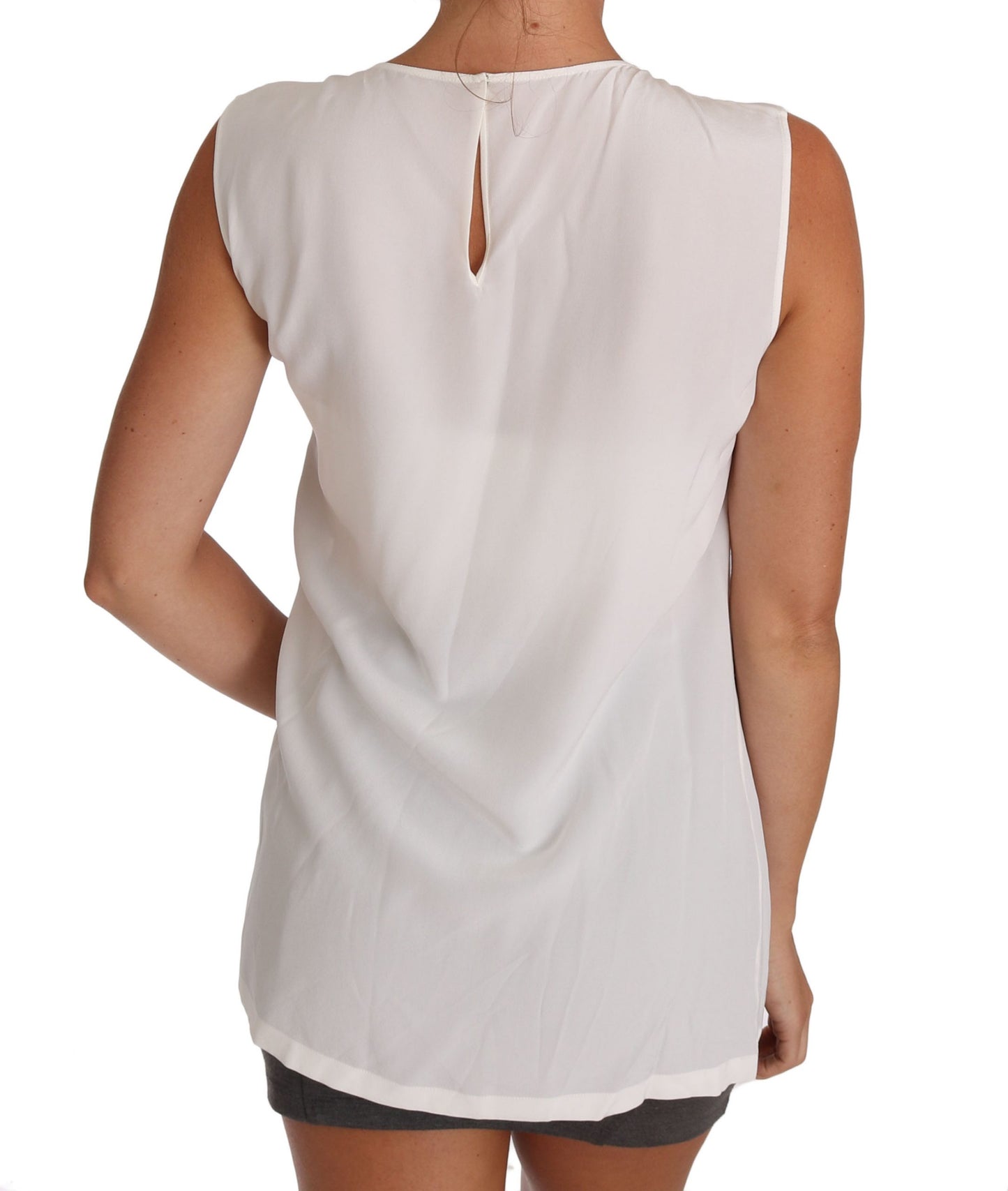  - Elegant White Silk Sleeveless Top with Lace Detail