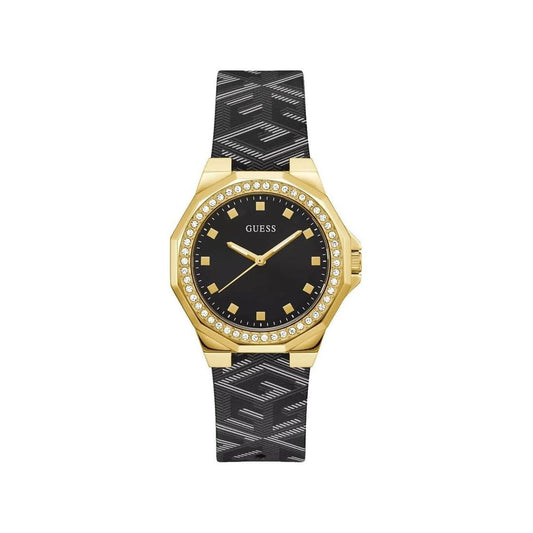 Guess Men’s Black Leather Strap Watch, Golden Case, Black Dial