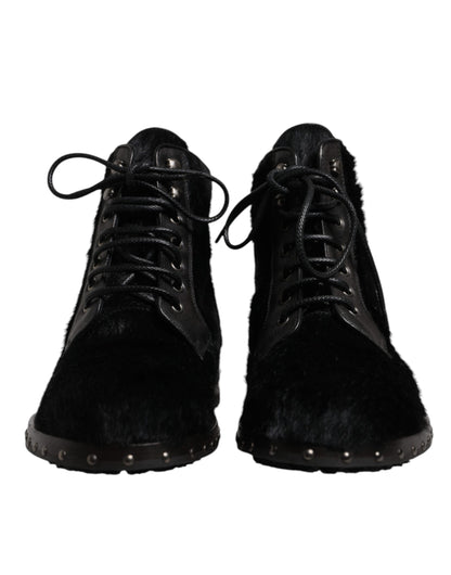 Dolce & Gabbana Black Pony Style Leather Mid Calf Boots