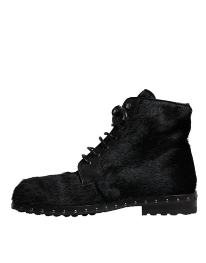 Dolce & Gabbana Black Pony Style Leather Mid Calf Boots