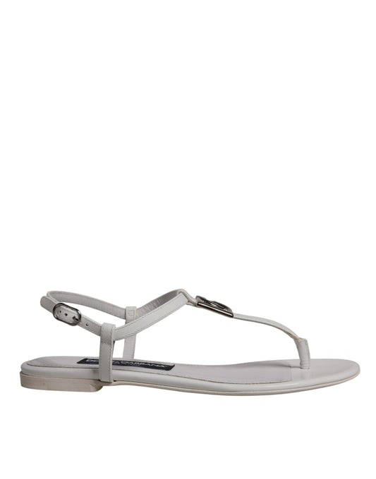 Dolce & Gabbana White Leather Logo Ankle Strap Sandals