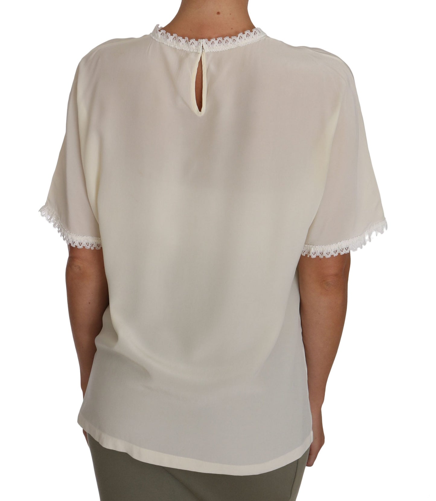  - Cream Silk Lace-Detailed Blouse Top