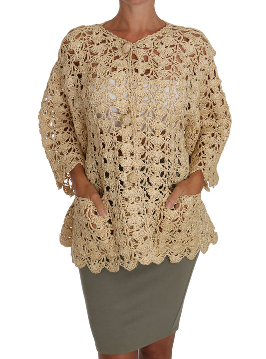  - Chic Beige Crochet Raffia Cardigan