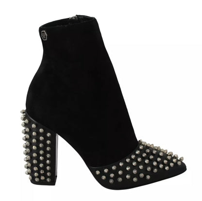 Philipp Plein Black Suede Studded Heels Ankle Boots