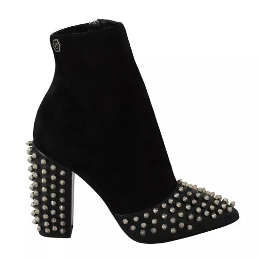 Philipp Plein Black Suede Studded Heels Ankle Boots