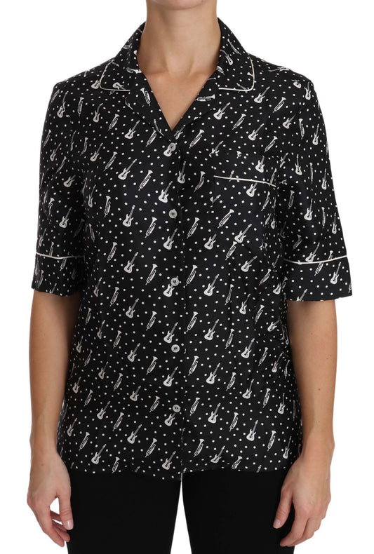 Silk Guitar Trumpet Print Polo Top - The Luxe Alliance