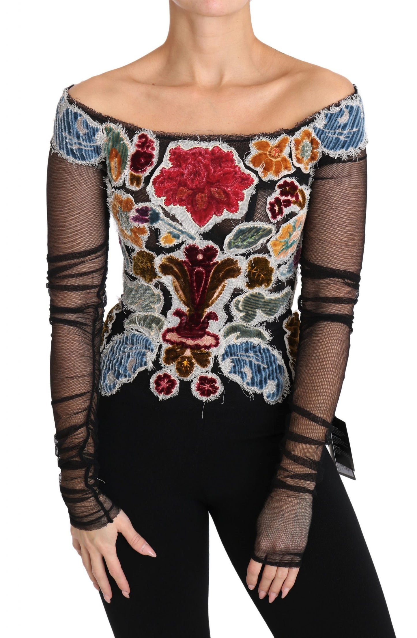  - Elegant Floral Applique Long Sleeve Top