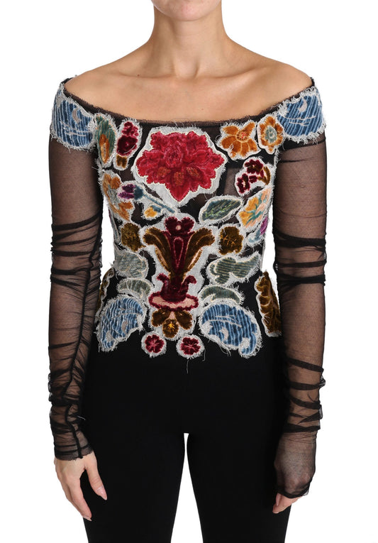  - Elegant Floral Applique Long Sleeve Top