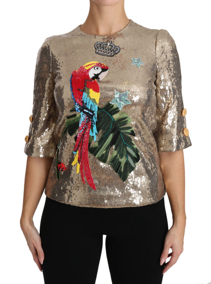  - Gold Parrot Motif Crewneck Blouse with Crystals