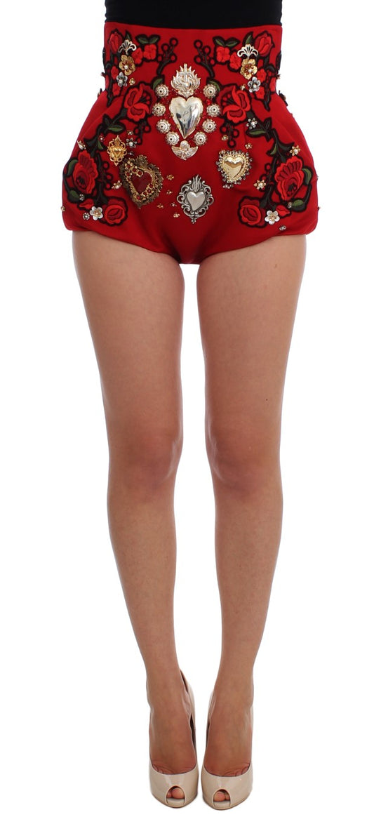  - Red Silk Crystal-Embellished Mini Shorts