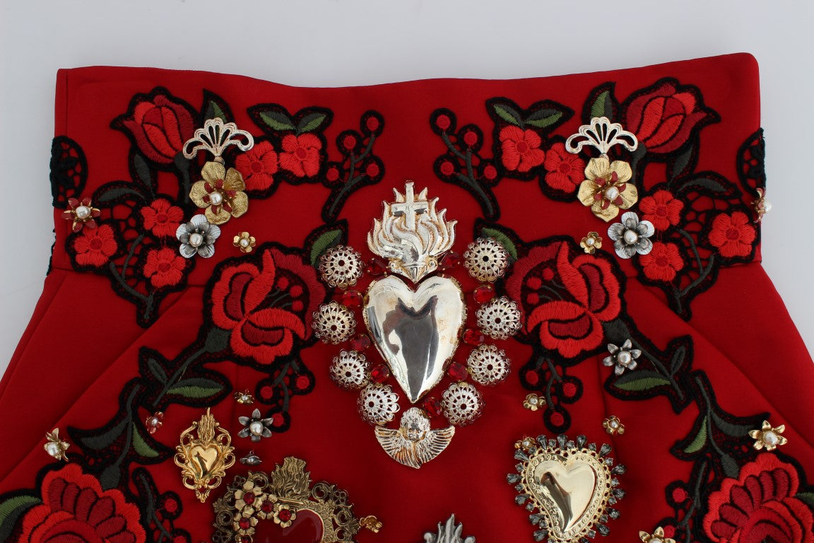  - Red Silk Crystal-Embellished Mini Shorts