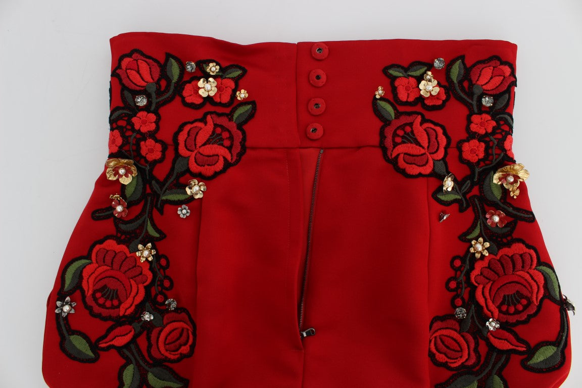  - Red Silk Crystal-Embellished Mini Shorts