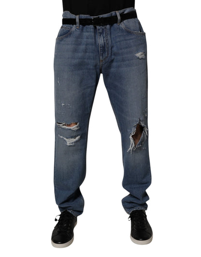 Dolce & Gabbana Blue Tattered Cotton Straight Denim Jeans for Men