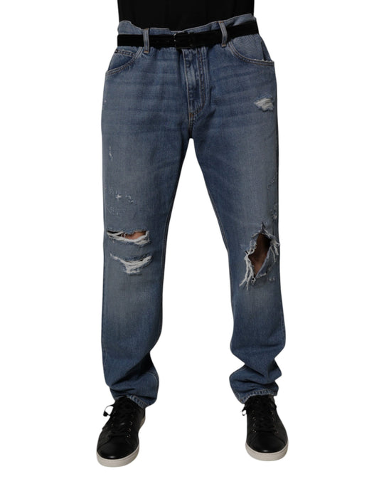 Dolce & Gabbana Blue Tattered Cotton Straight Denim Jeans for Men