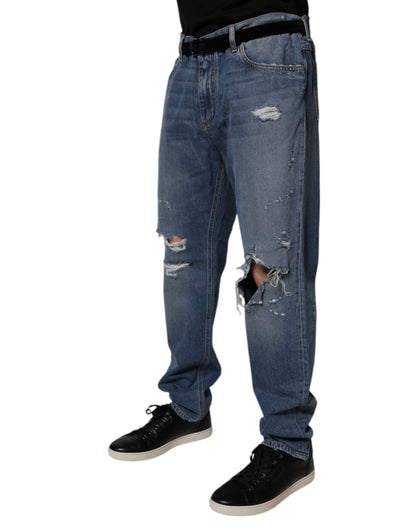 Dolce & Gabbana Blue Tattered Cotton Straight Denim Jeans for Men
