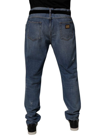 Dolce & Gabbana Blue Tattered Cotton Straight Denim Jeans for Men