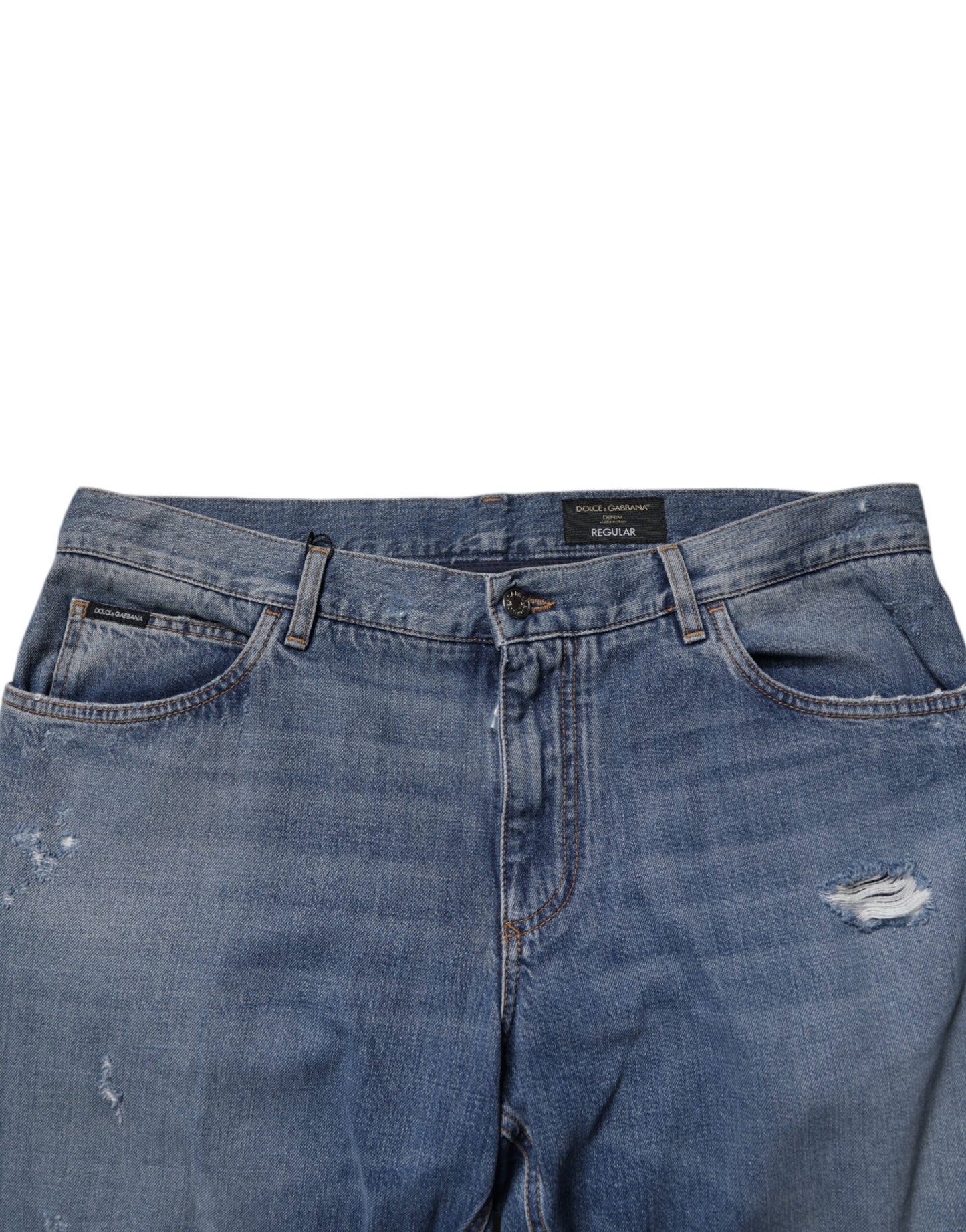 Dolce & Gabbana Blue Tattered Cotton Straight Denim Jeans for Men