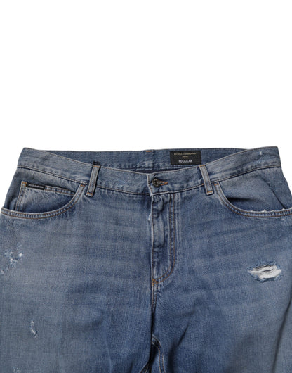 Dolce & Gabbana Blue Tattered Cotton Straight Denim Jeans for Men