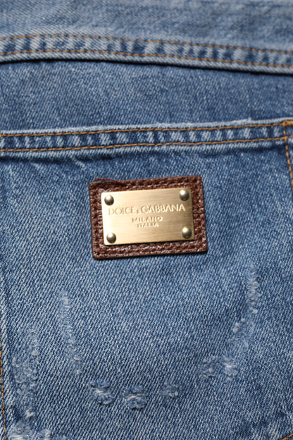 Dolce & Gabbana Blue Tattered Cotton Straight Denim Jeans for Men